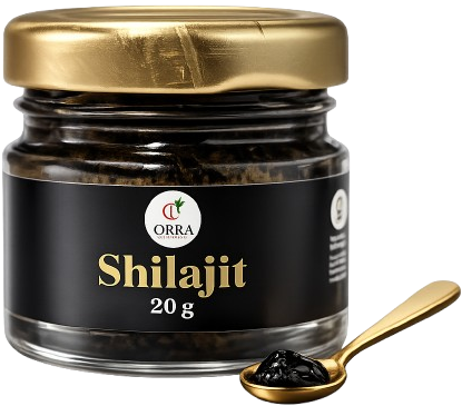 Jar of Shilajit with a gold spoon on a white background