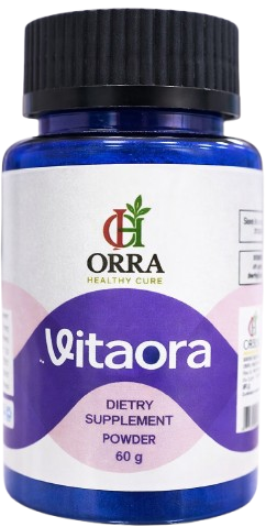 Vitaora dietary supplement powder bottle with black cap on a white background